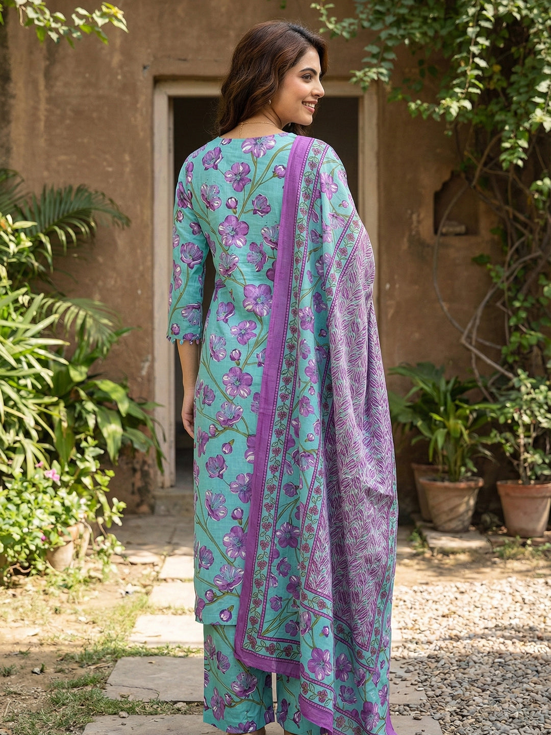 Jaitpuriya Turquesa And Purple Pure Cotton Straight Regular Kurta Set