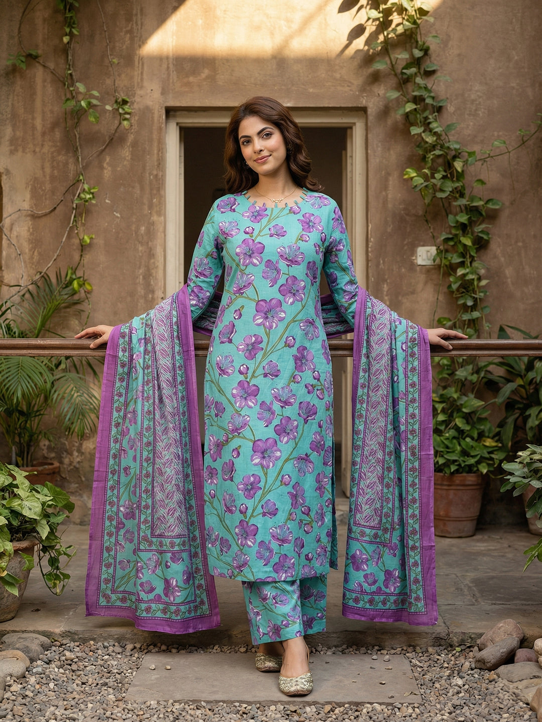 Jaitpuriya Turquesa And Purple Pure Cotton Straight Regular Kurta Set
