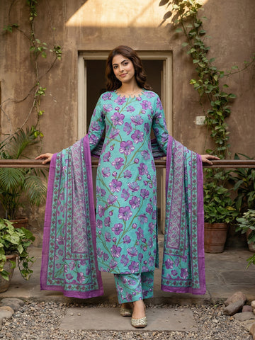 Jaitpuriya Turquesa And Purple Pure Cotton Straight Regular Kurta Set