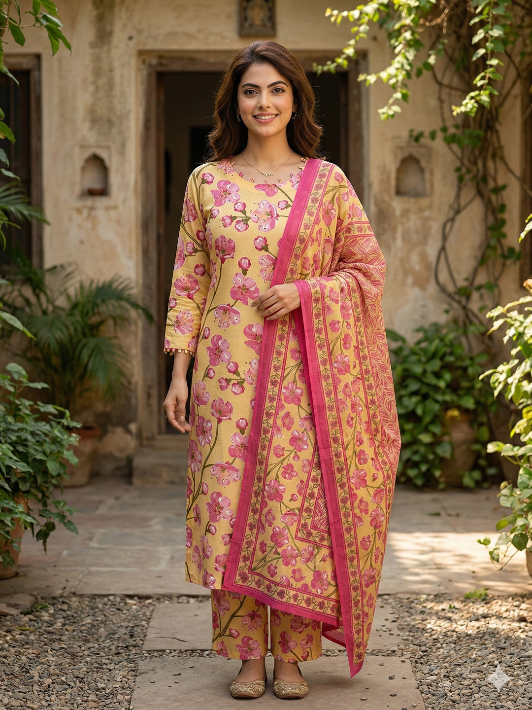 Jaitpuriya Yellow And Pink Pure Cotton Straight Regular Kurta Set