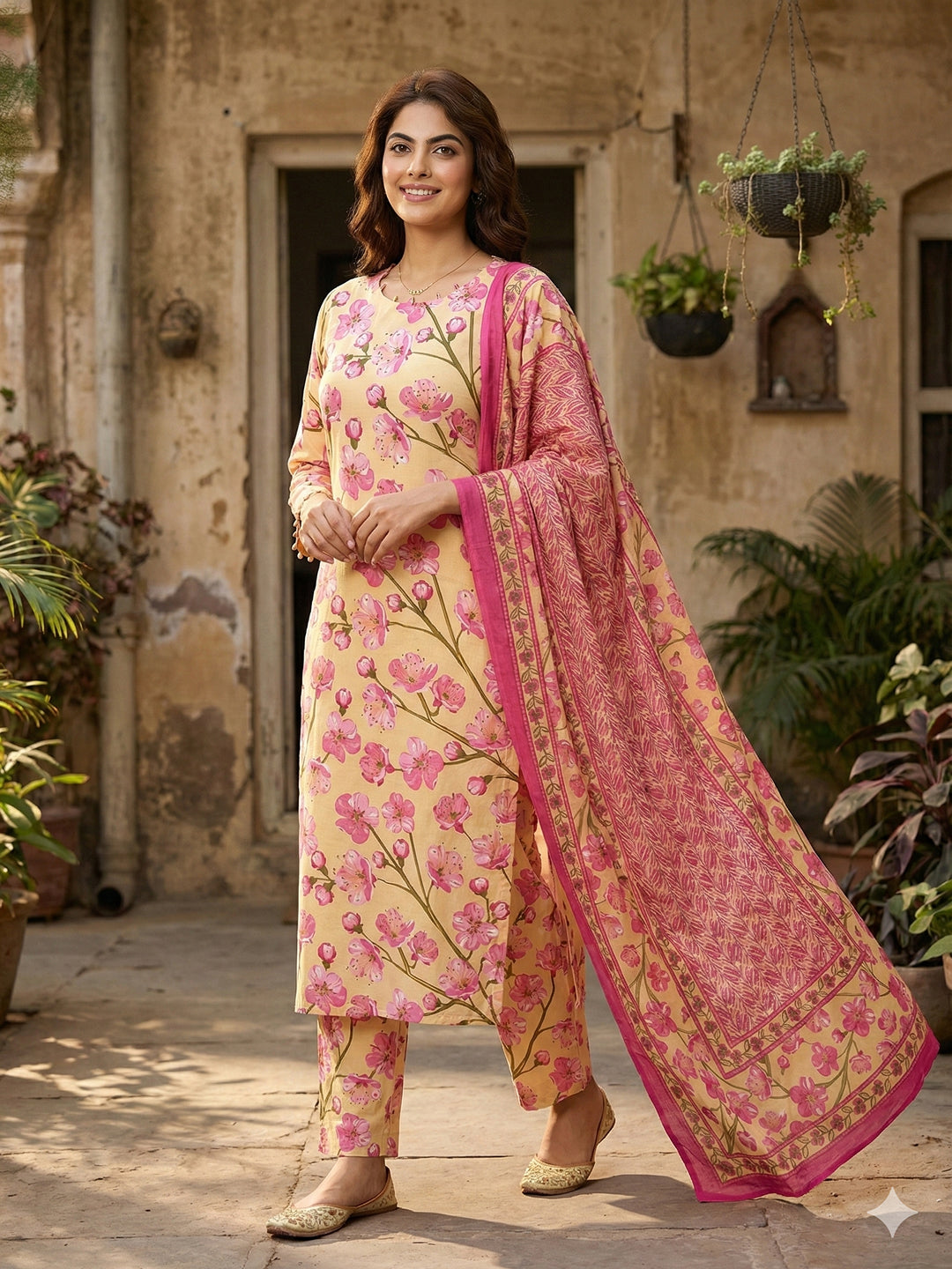Jaitpuriya Yellow And Pink Pure Cotton Straight Regular Kurta Set
