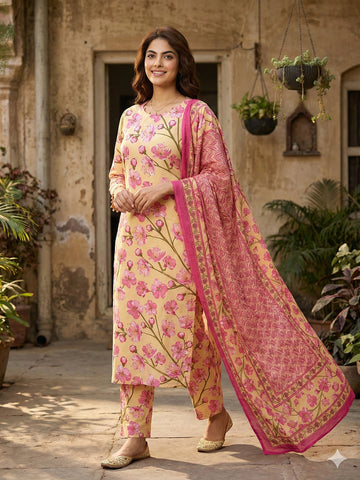 Jaitpuriya Yellow And Pink Pure Cotton Straight Regular Kurta Set