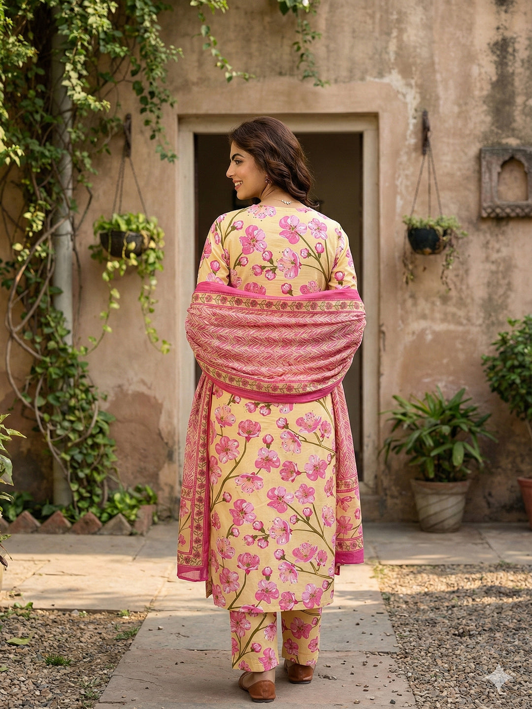 Jaitpuriya Yellow And Pink Pure Cotton Straight Regular Kurta Set