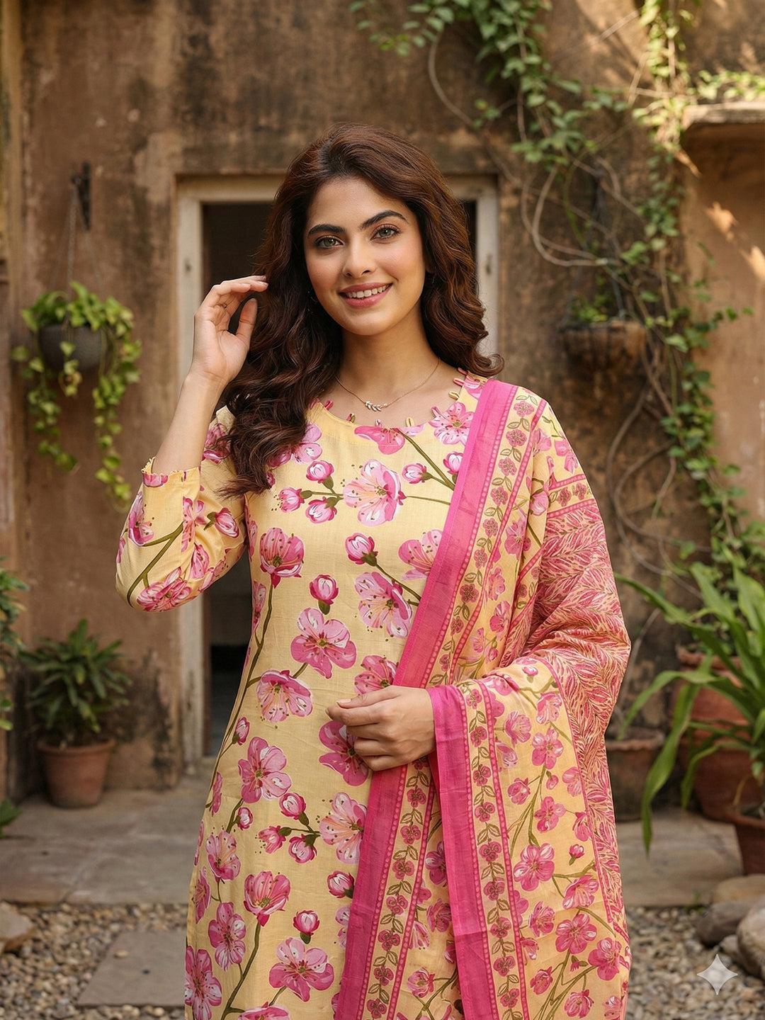 Jaitpuriya Yellow And Pink Pure Cotton Straight Regular Kurta Set