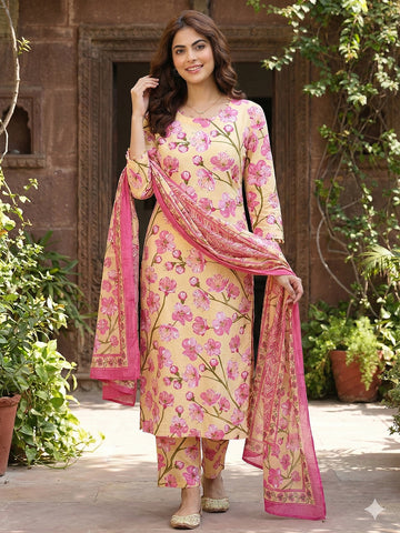 Jaitpuriya Yellow And Pink Pure Cotton Straight Regular Kurta Set