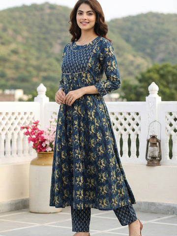 Jaitpuriya Blue Pure Cotton Anarkali Regular Kurta Set