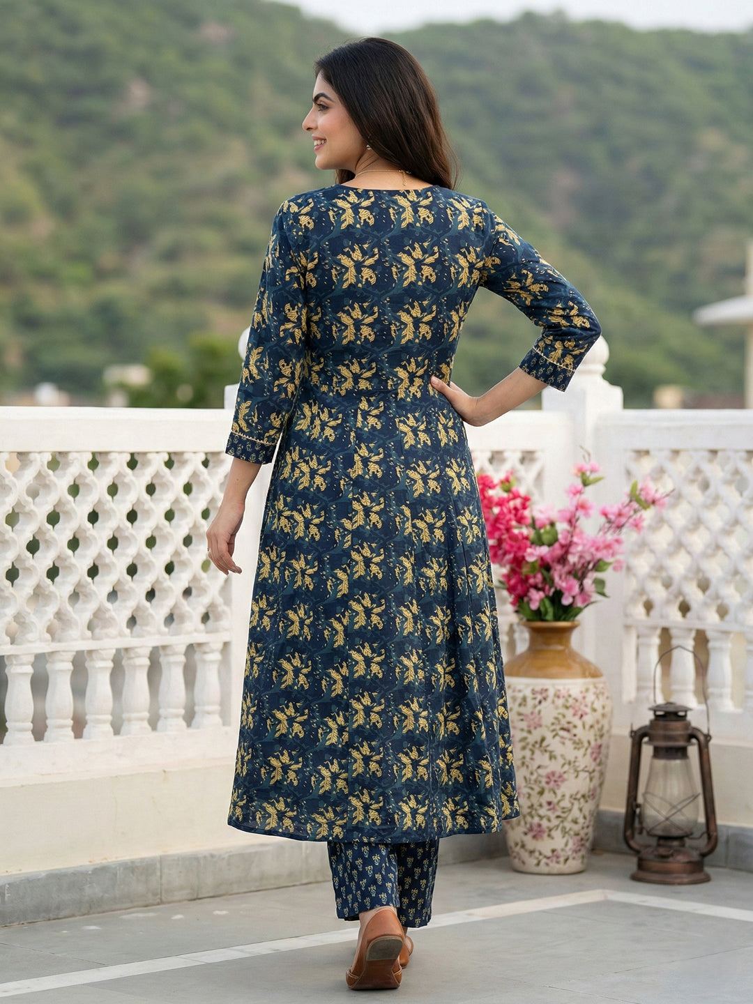 Jaitpuriya Blue Pure Cotton Anarkali Regular Kurta Set