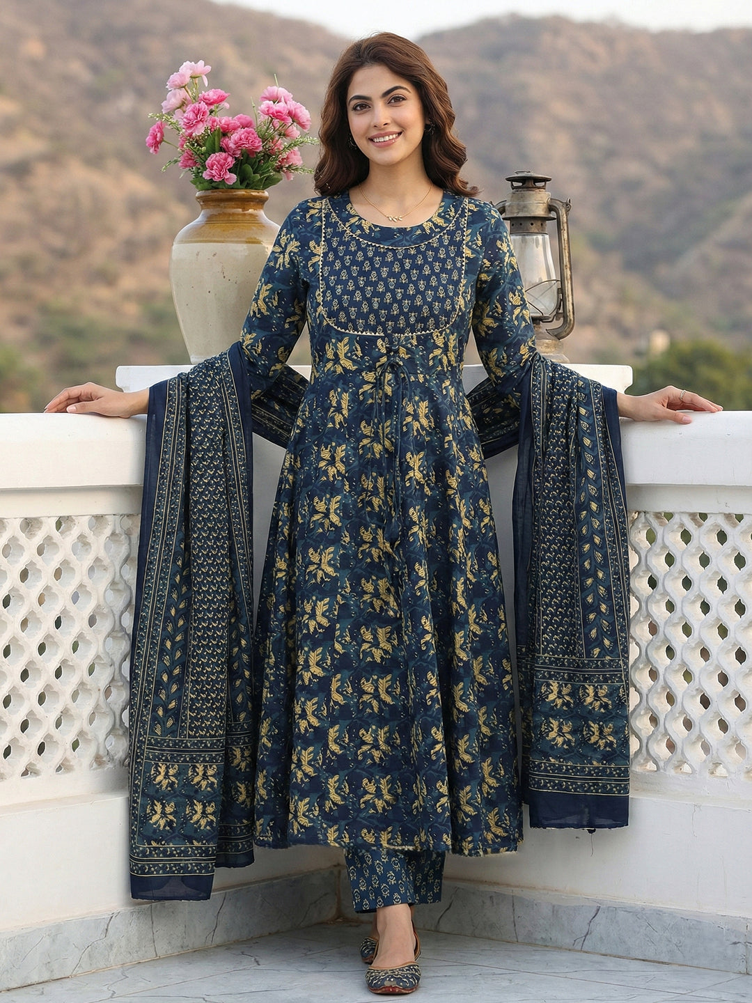 Jaitpuriya Blue Pure Cotton Anarkali Regular Kurta Set