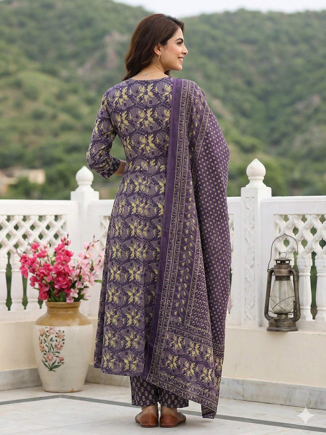 Jaitpuriya Purple Pure Cotton Anarkali Regular Kurta Set