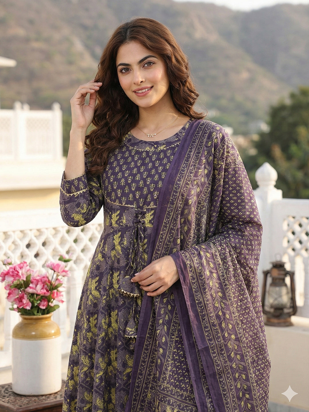 Jaitpuriya Purple Pure Cotton Anarkali Regular Kurta Set
