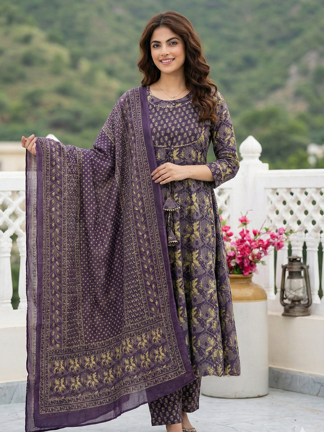 Jaitpuriya Purple Pure Cotton Anarkali Regular Kurta Set
