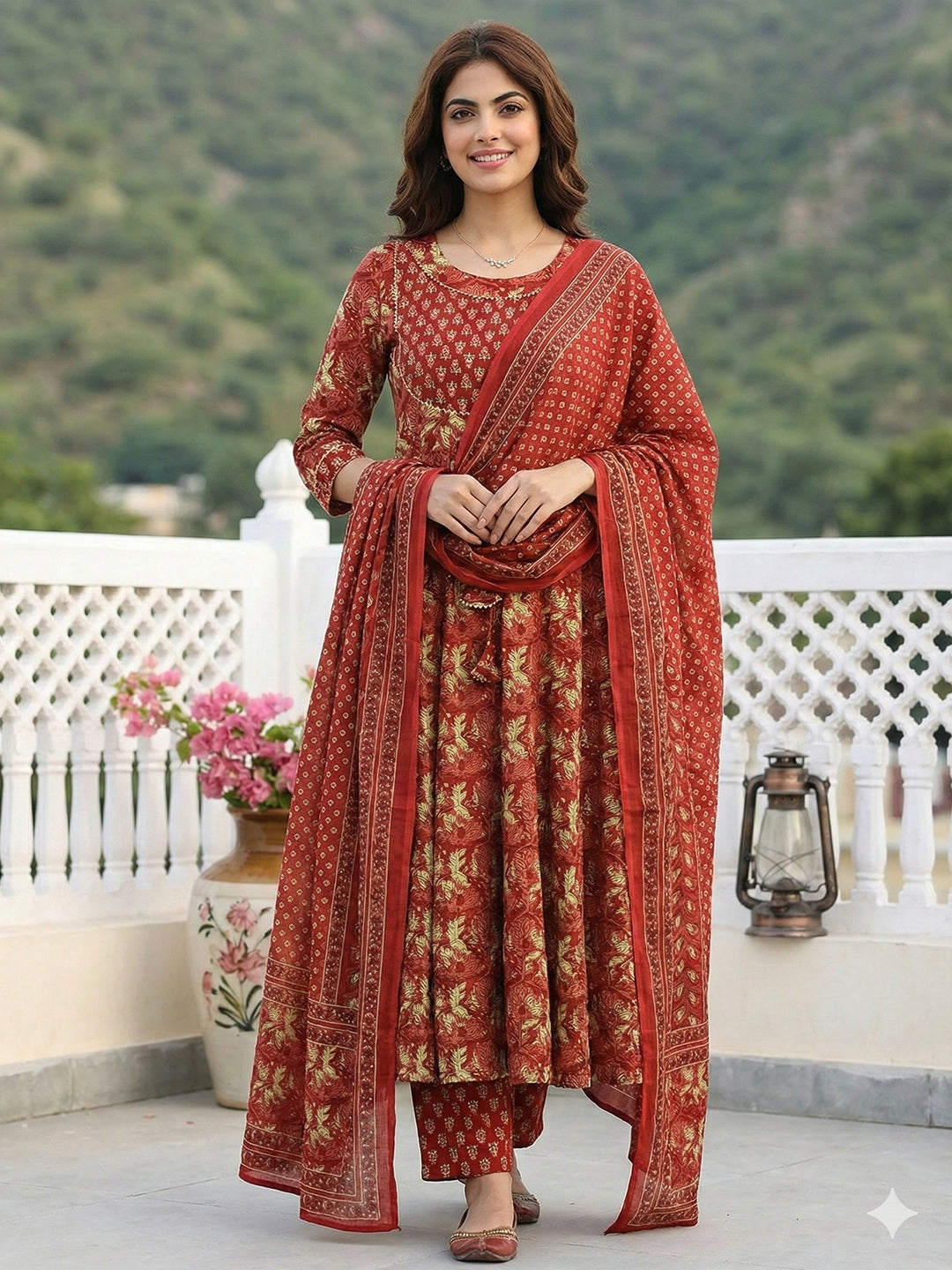 Jaitpuriya Red Pure Cotton Anarkali Regular Kurta Set