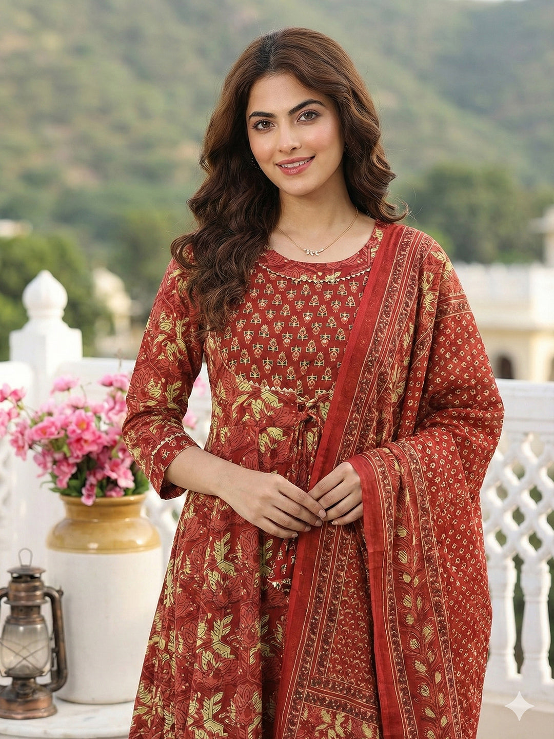 Jaitpuriya Red Pure Cotton Anarkali Regular Kurta Set