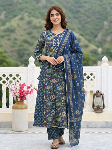 Jaitpuriya Blue And Green Pure Cotton Anarkali Regular Kurta Set