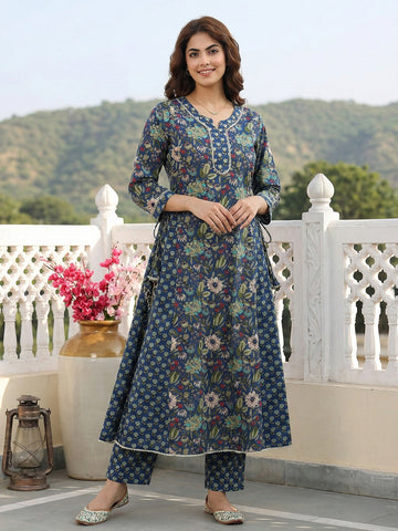 Jaitpuriya Blue And Green Pure Cotton Anarkali Regular Kurta Set