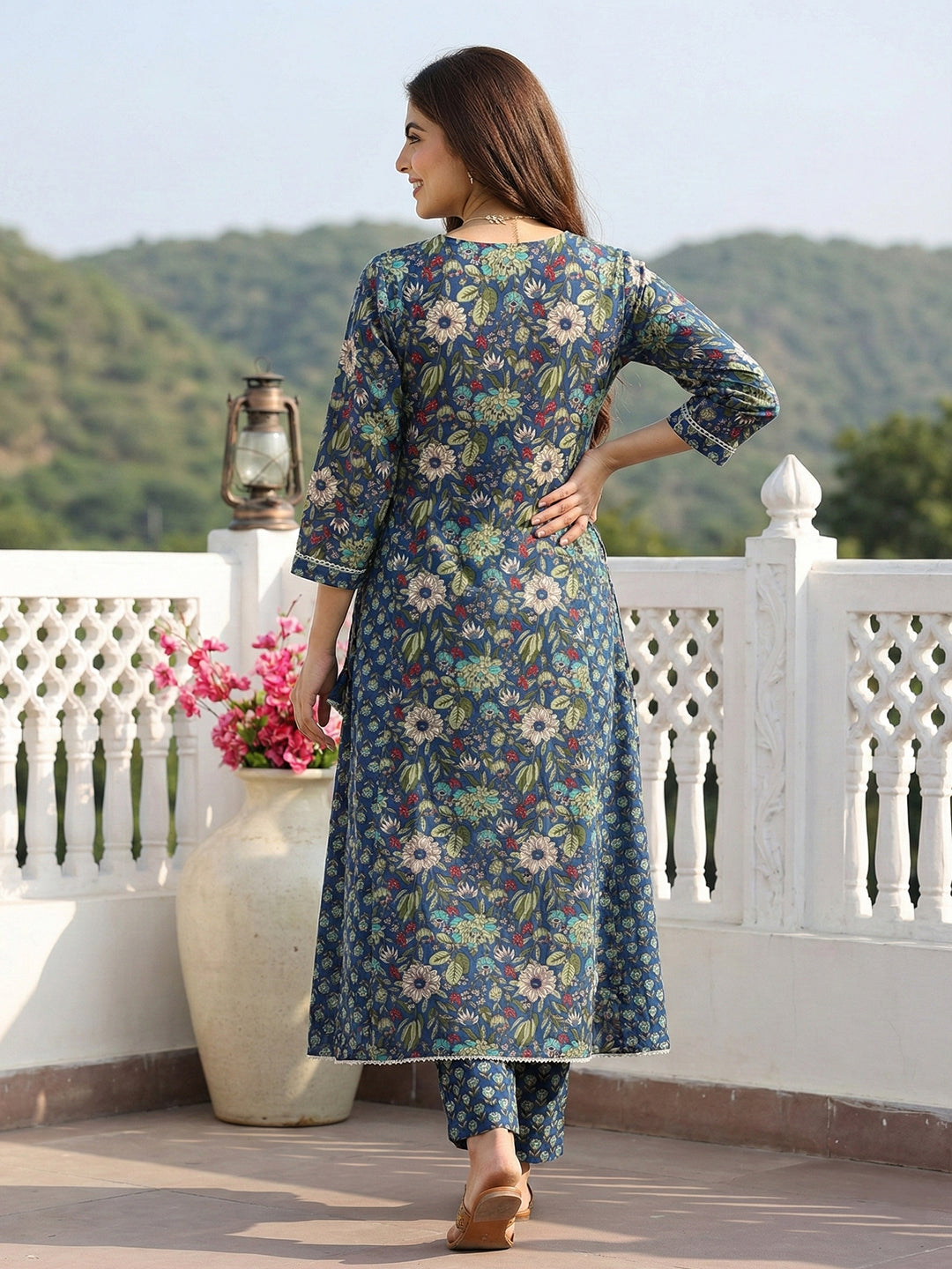 Jaitpuriya Blue And Green Pure Cotton Anarkali Regular Kurta Set