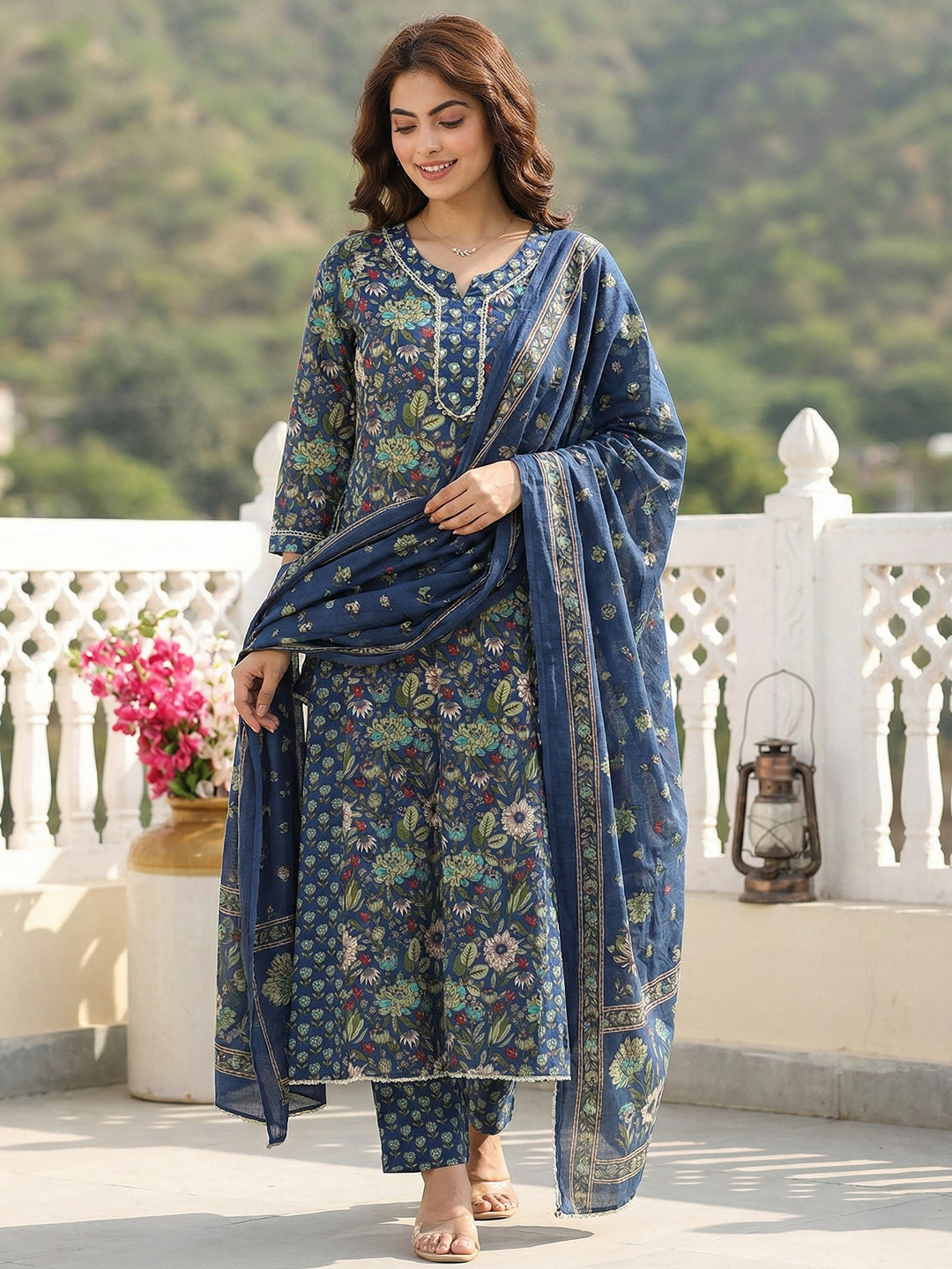 Jaitpuriya Blue And Green Pure Cotton Anarkali Regular Kurta Set