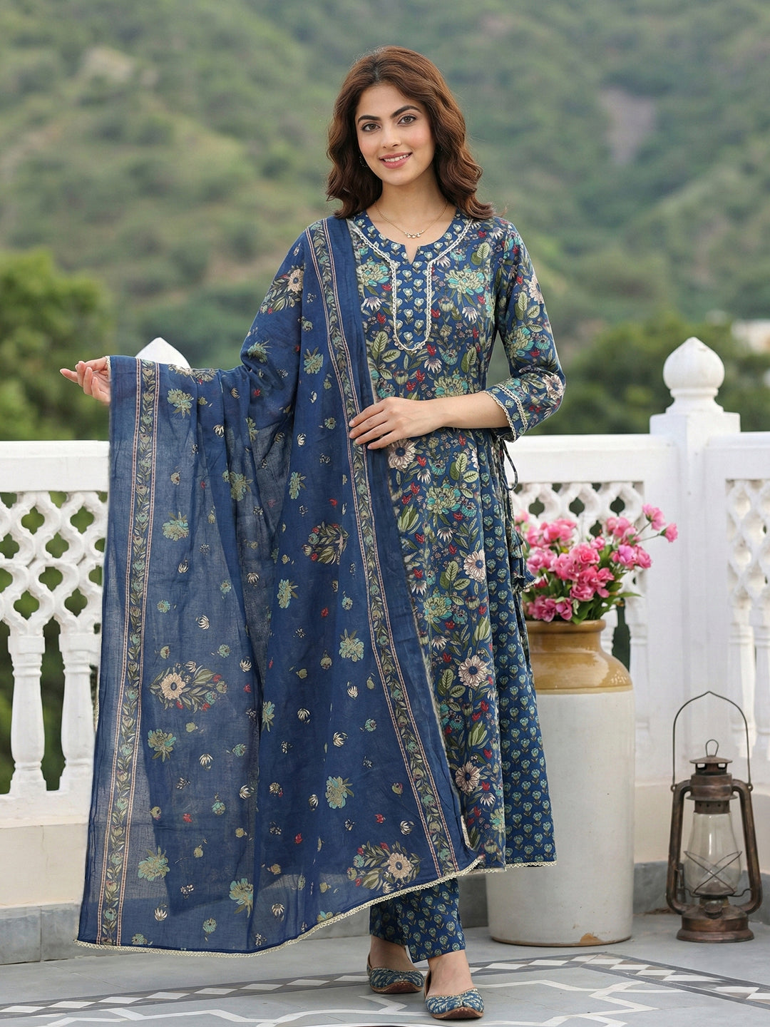 Jaitpuriya Blue And Green Pure Cotton Anarkali Regular Kurta Set
