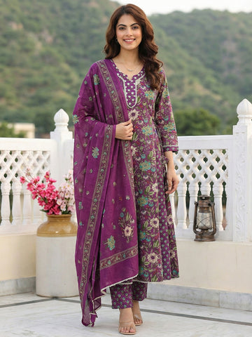 Jaitpuriya Purple And Green Pure Cotton Anarkali Regular Kurta Set