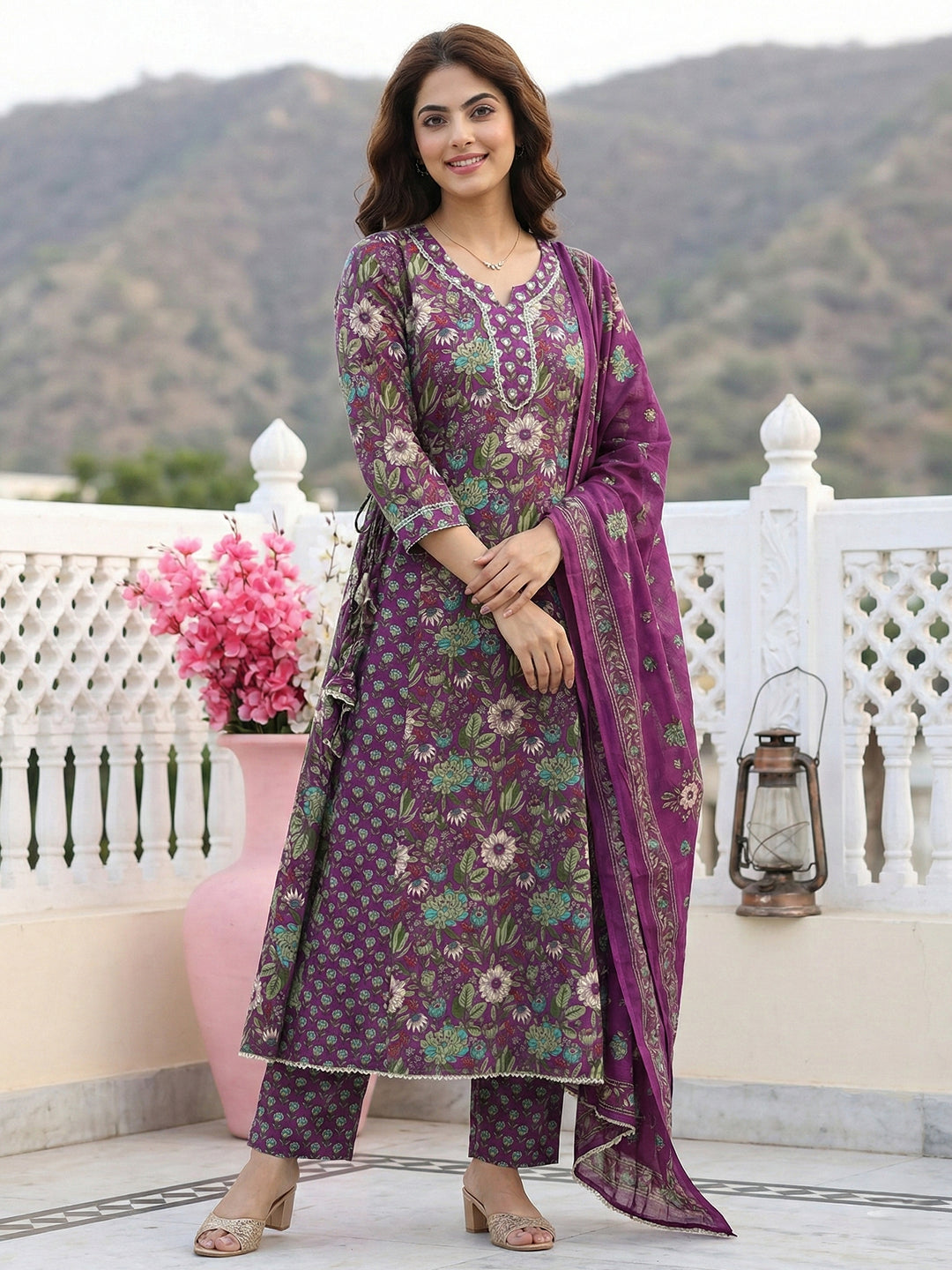 Jaitpuriya Purple And Green Pure Cotton Anarkali Regular Kurta Set