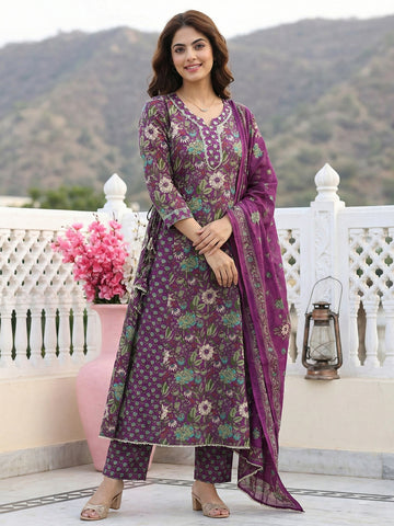 Jaitpuriya Purple And Green Pure Cotton Anarkali Regular Kurta Set
