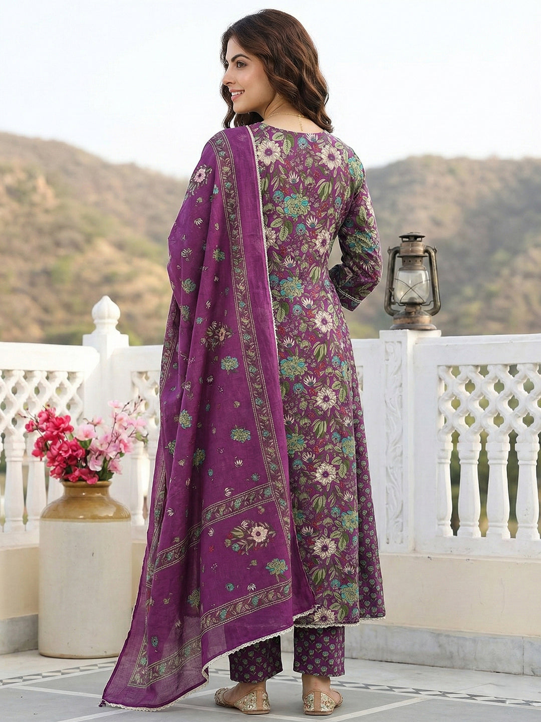 Jaitpuriya Purple And Green Pure Cotton Anarkali Regular Kurta Set