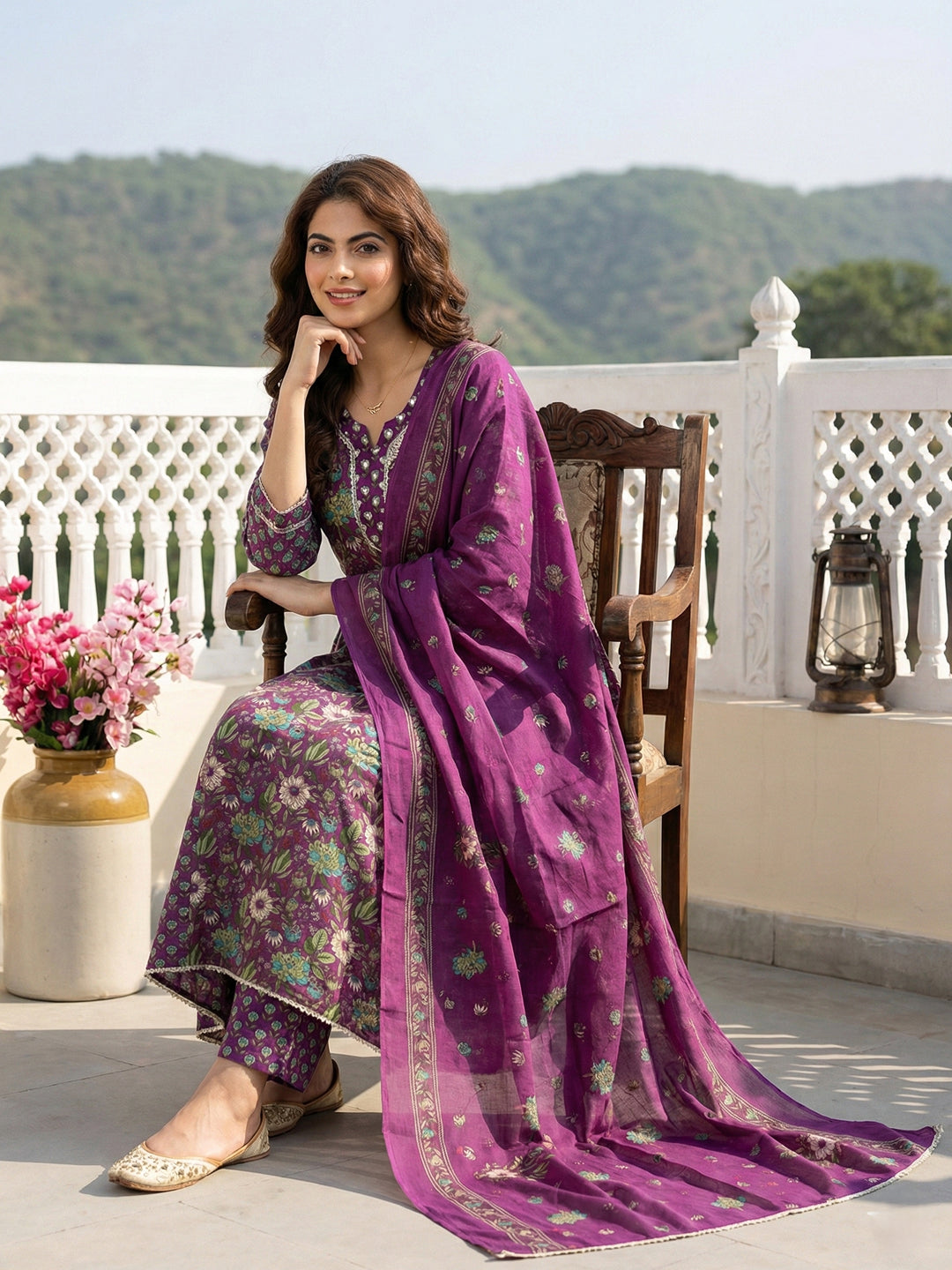 Jaitpuriya Purple And Green Pure Cotton Anarkali Regular Kurta Set