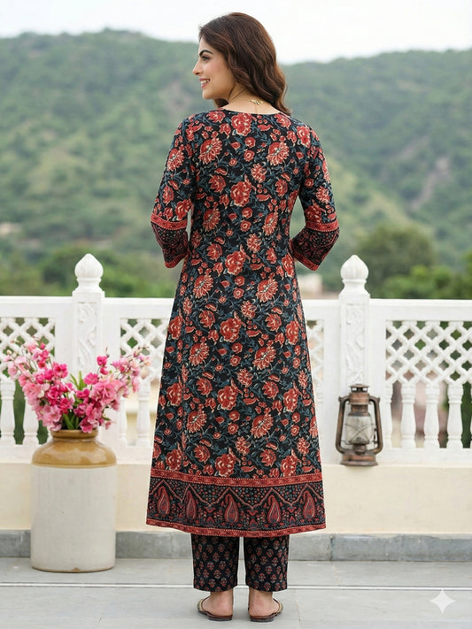 Jaitpuriya Black Pure Cotton A-line Regular Kurta Set