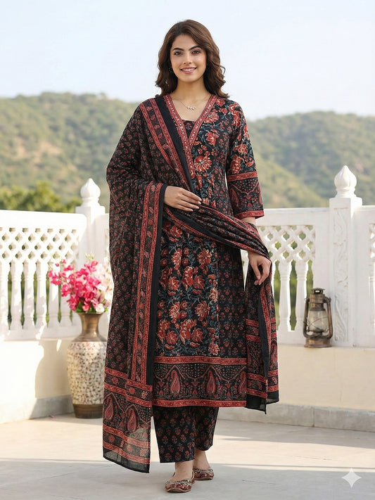 Jaitpuriya Black Pure Cotton A-line Regular Kurta Set