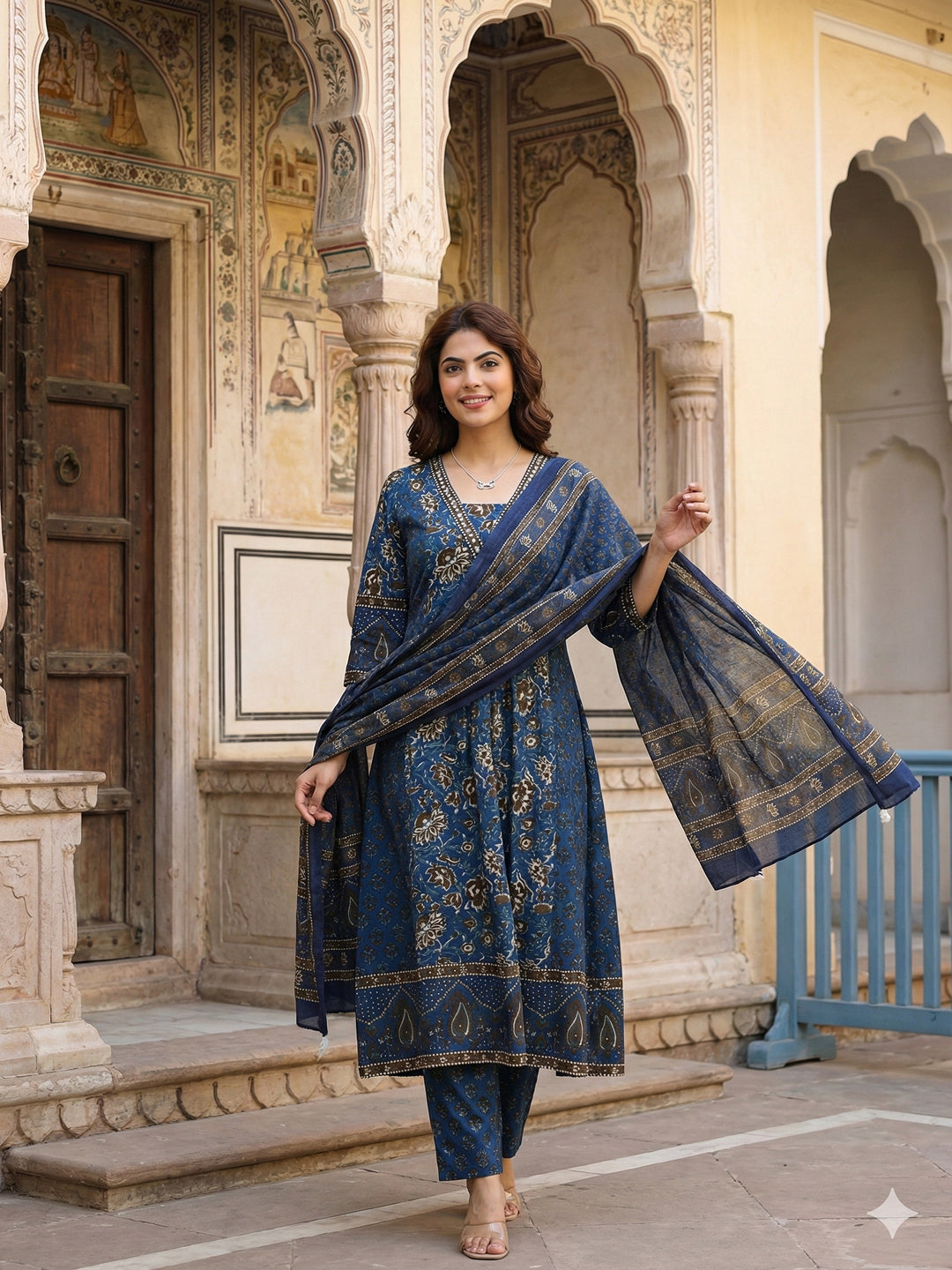 Jaitpuriya Blue Pure Cotton A-line Regular Kurta Set