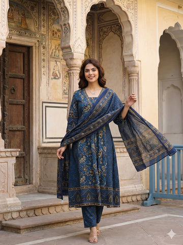 Jaitpuriya Blue Pure Cotton A-line Regular Kurta Set