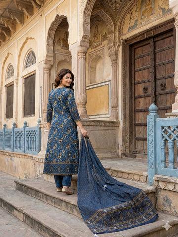 Jaitpuriya Blue Pure Cotton A-line Regular Kurta Set