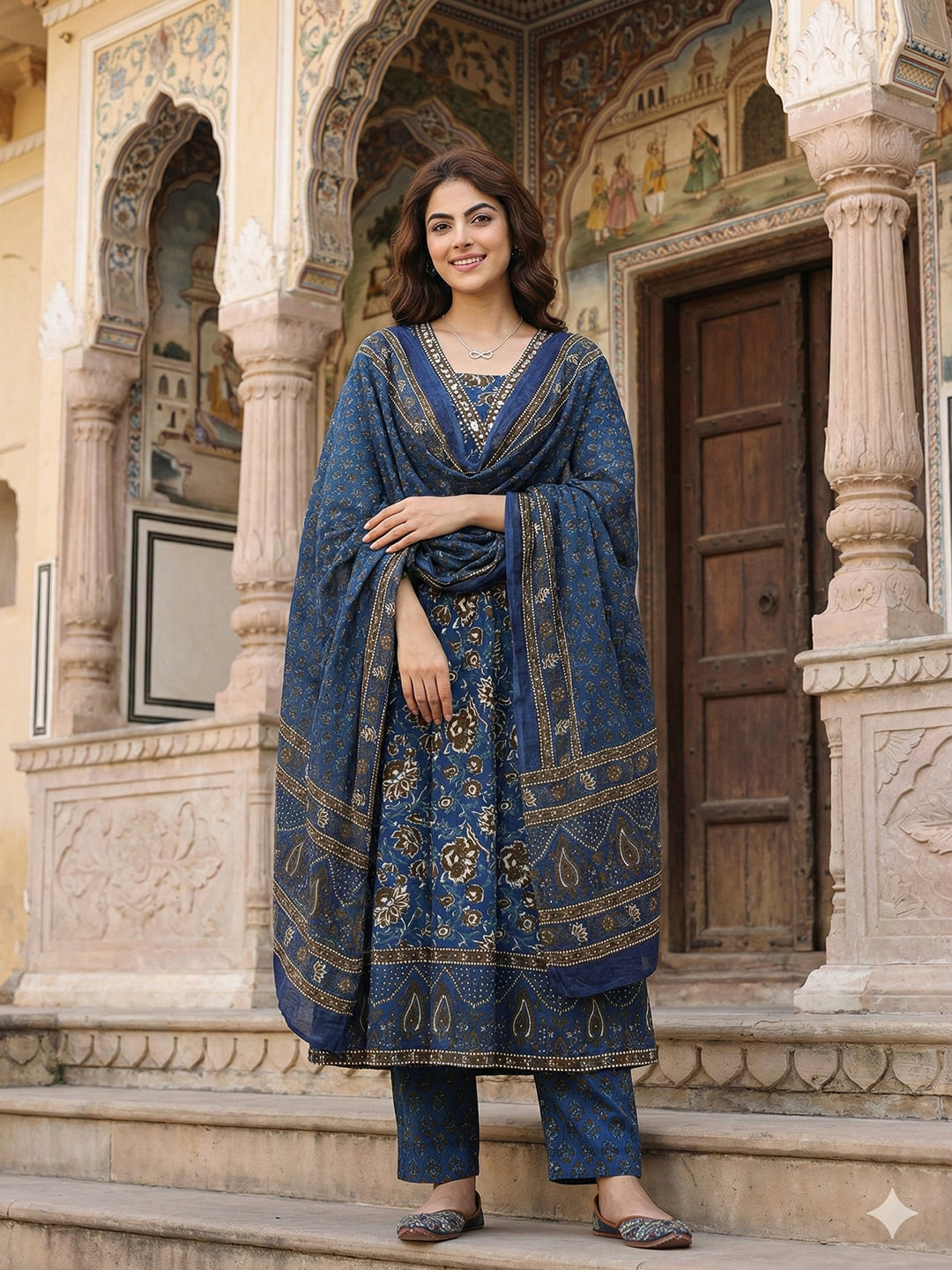 Jaitpuriya Blue Pure Cotton A-line Regular Kurta Set