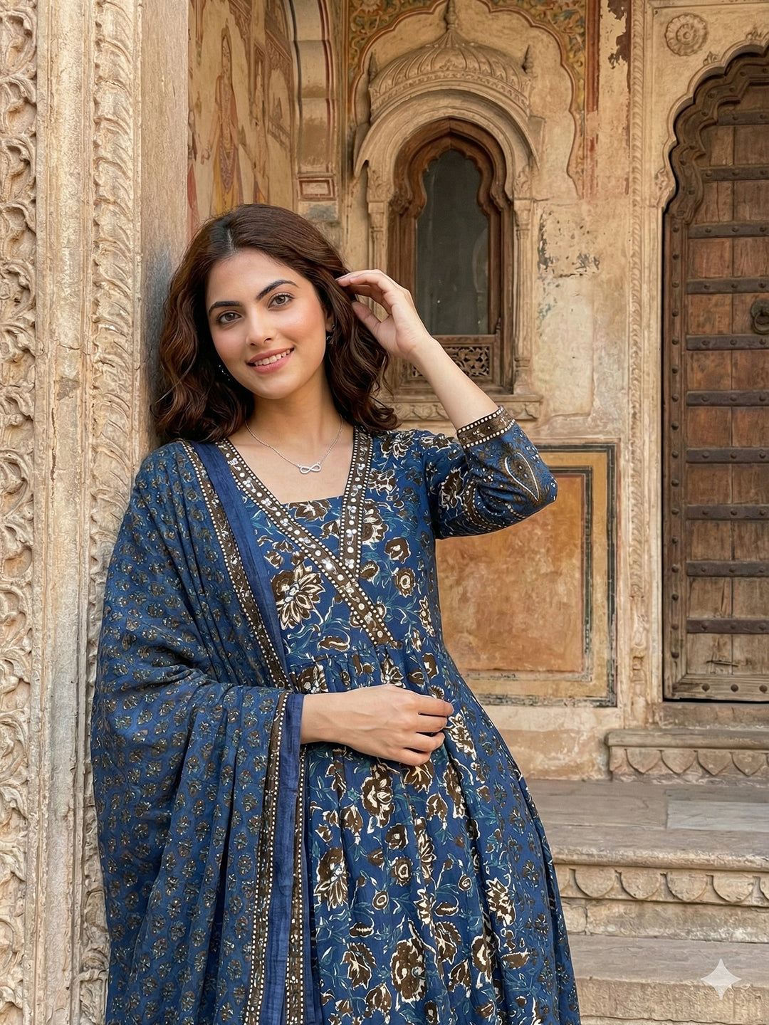 Jaitpuriya Blue Pure Cotton A-line Regular Kurta Set