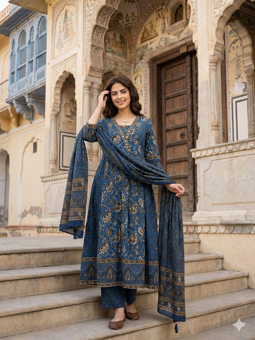 Jaitpuriya Blue Pure Cotton A-line Regular Kurta Set