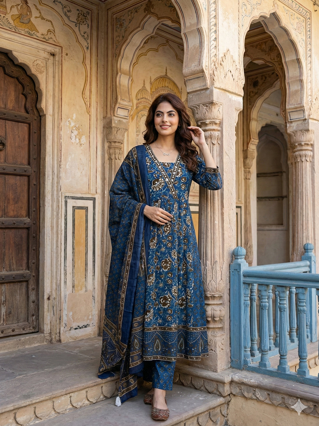 Jaitpuriya Blue Pure Cotton A-line Regular Kurta Set
