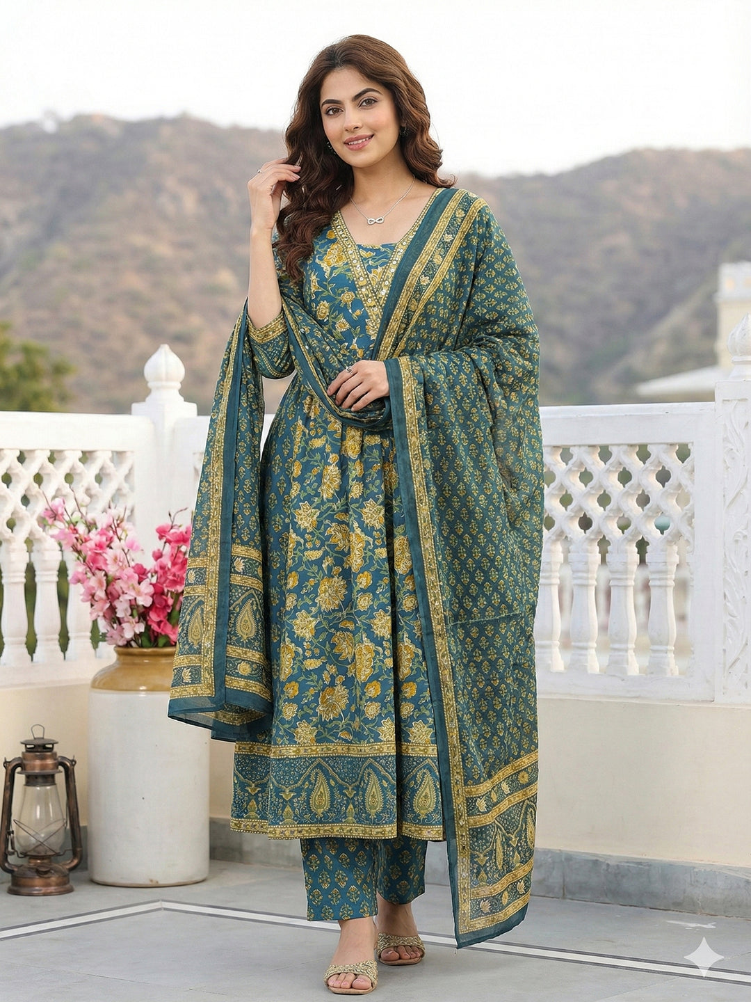Jaitpuriya Green Pure Cotton A-line Regular Kurta Set