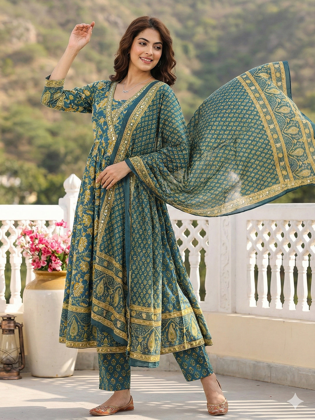 Jaitpuriya Green Pure Cotton A-line Regular Kurta Set