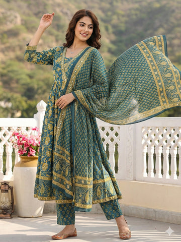 Jaitpuriya Green Pure Cotton A-line Regular Kurta Set