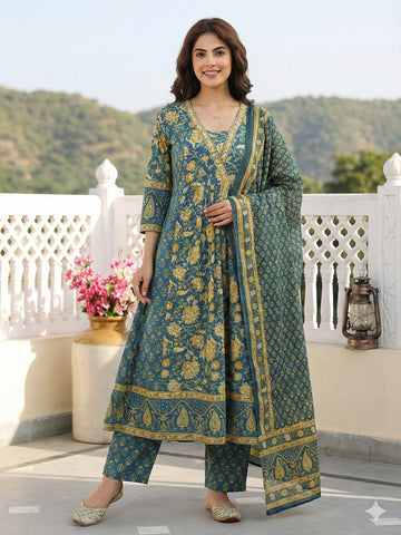 Jaitpuriya Green Pure Cotton A-line Regular Kurta Set