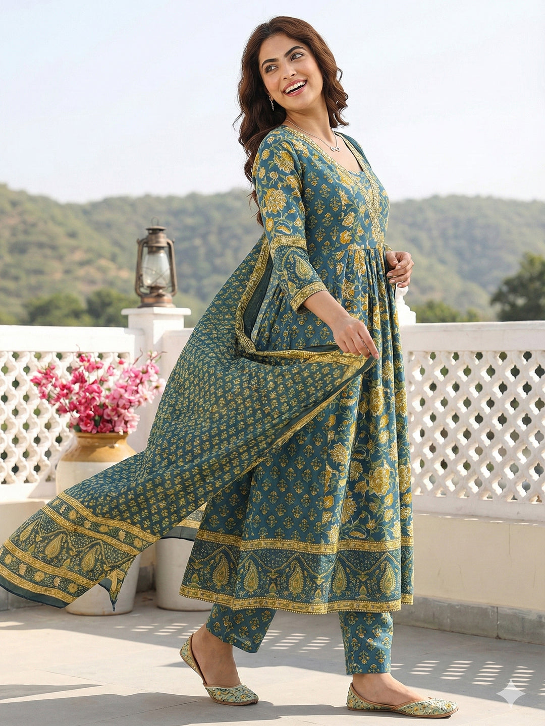 Jaitpuriya Green Pure Cotton A-line Regular Kurta Set