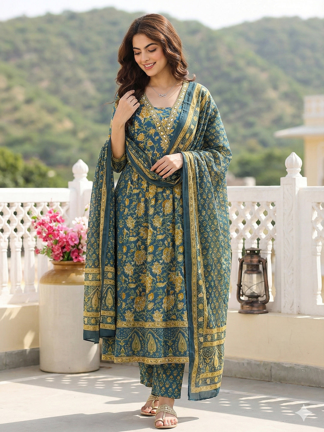 Jaitpuriya Green Pure Cotton A-line Regular Kurta Set
