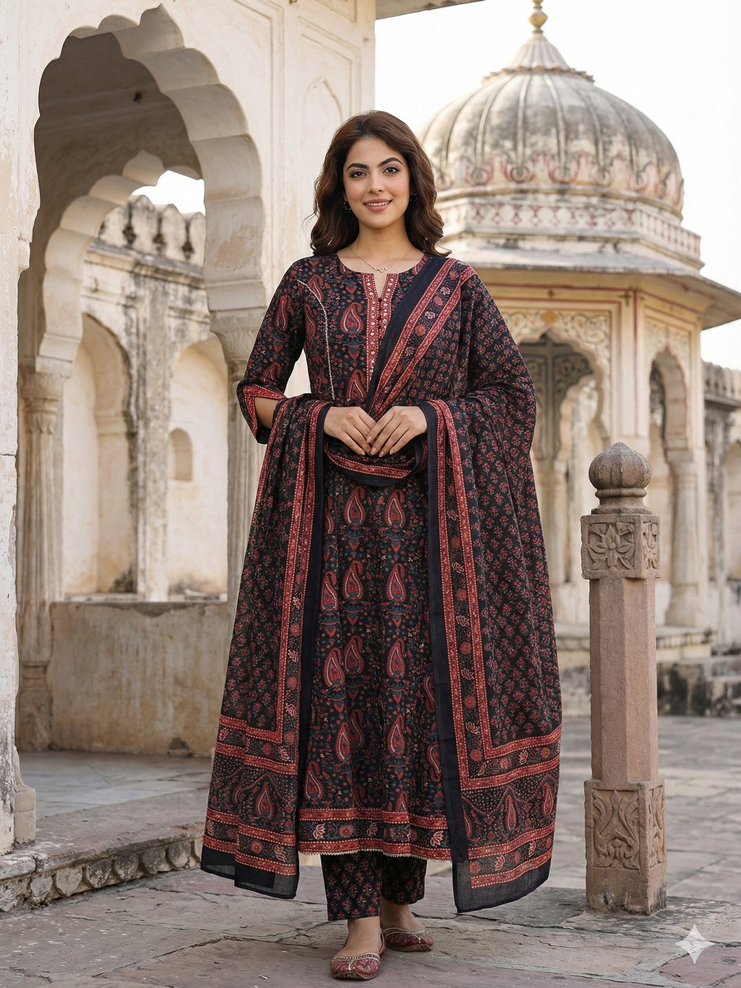 Jaitpuriya Black And Red Pure Cotton Anarkali Regular Kurta Set