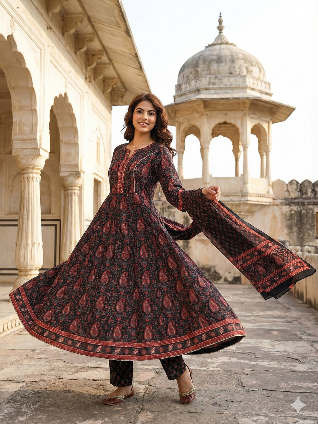 Jaitpuriya Black And Red Pure Cotton Anarkali Regular Kurta Set