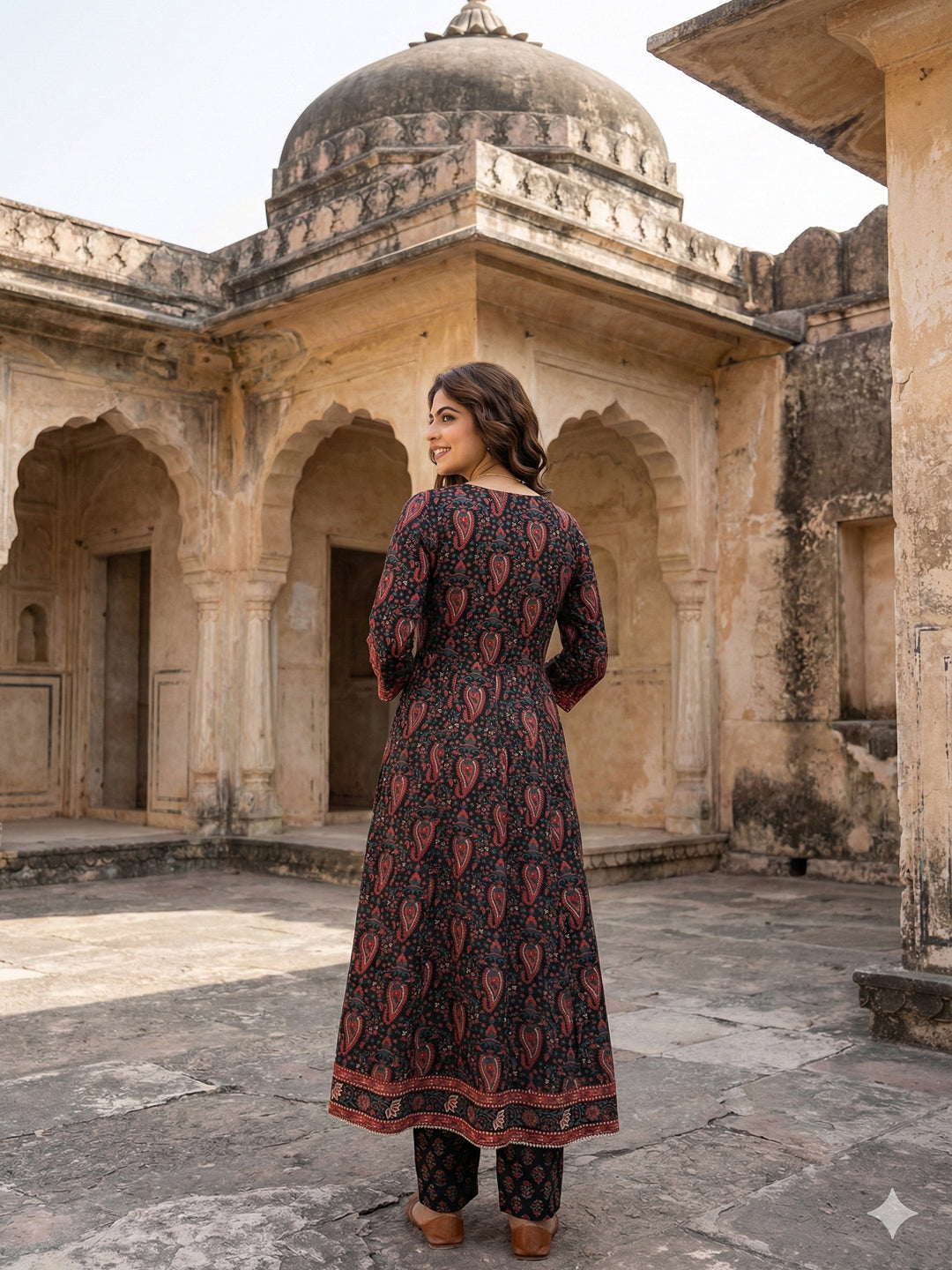 Jaitpuriya Black And Red Pure Cotton Anarkali Regular Kurta Set