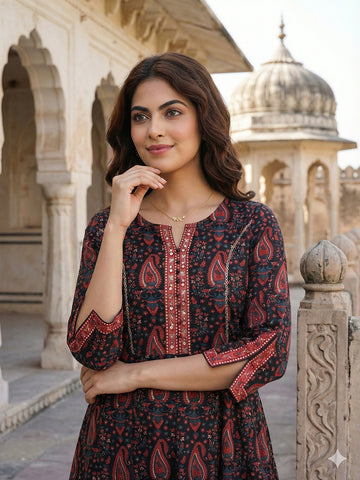 Jaitpuriya Black And Red Pure Cotton Anarkali Regular Kurta Set