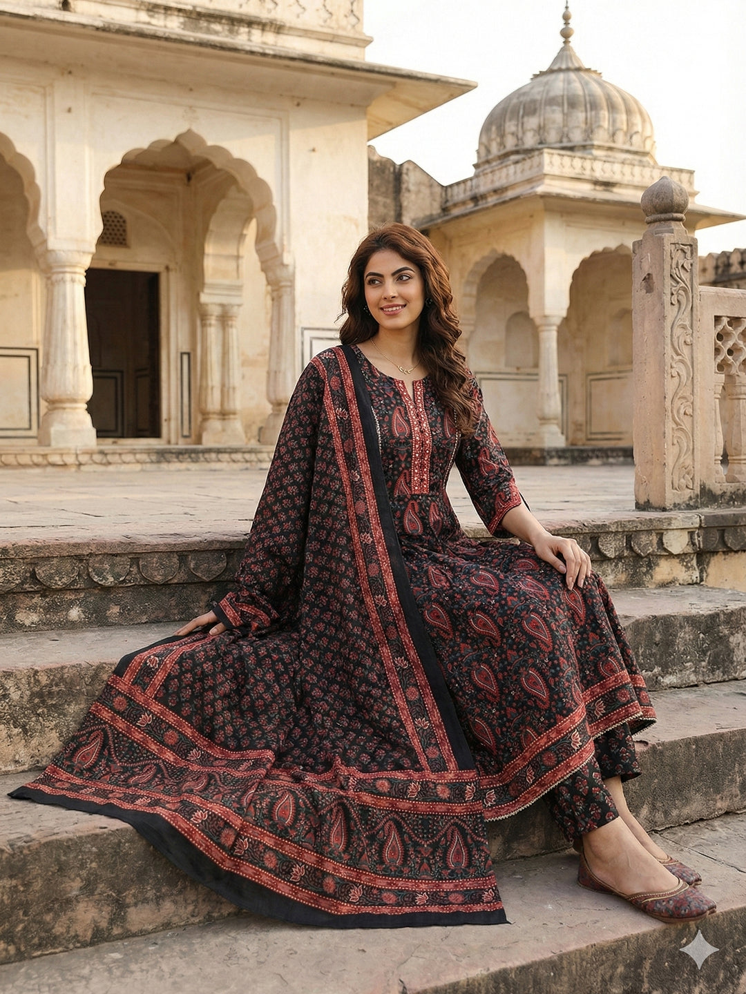 Jaitpuriya Black And Red Pure Cotton Anarkali Regular Kurta Set