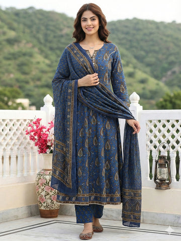 Jaitpuriya Blue And Brown Pure Cotton Anarkali Regular Kurta Set
