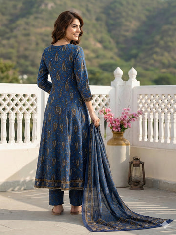 Jaitpuriya Blue And Brown Pure Cotton Anarkali Regular Kurta Set