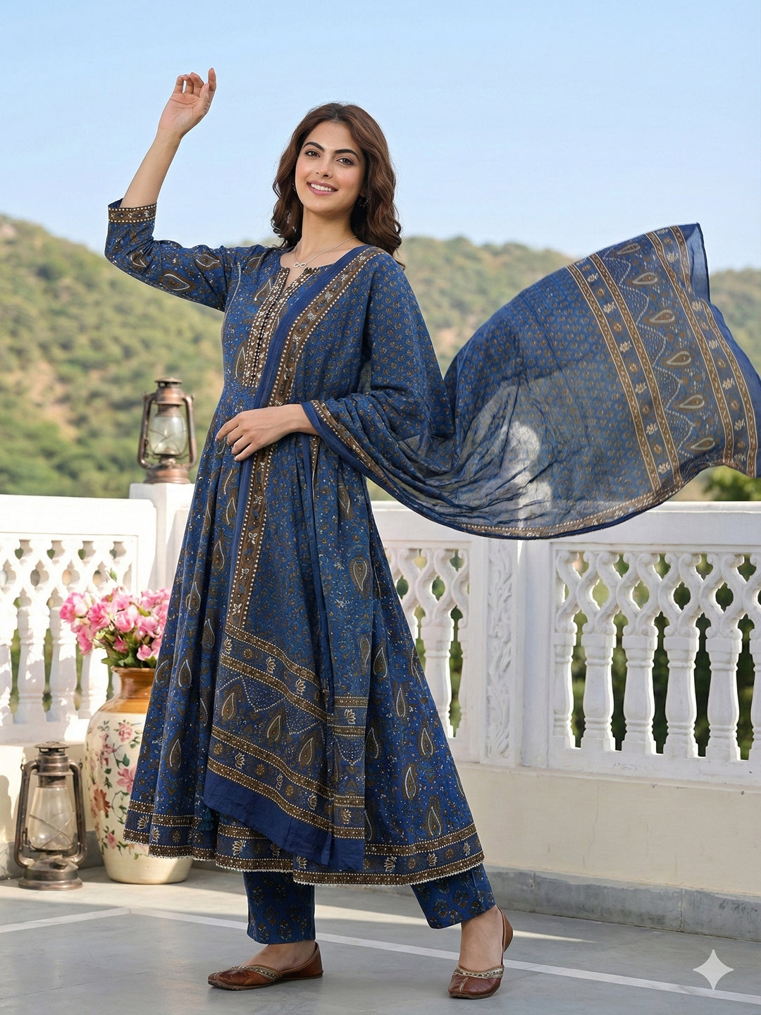Jaitpuriya Blue And Brown Pure Cotton Anarkali Regular Kurta Set